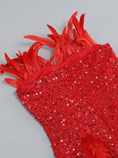 Strapless Sequin Feather Trim Bodycon Mini Dress