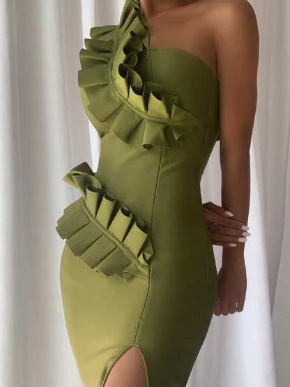 One Shoulder Ruffle Trim Waist Detail High Slit Bandage Midi Dress