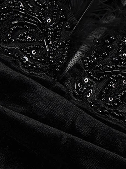 Deep V-Neck Long Sleeve Velvet Feather Trim Beaded Applique Ruched Mini Dress