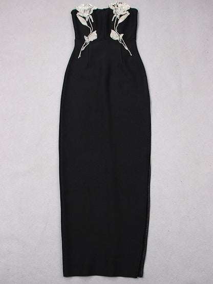 Strapless Crystal Vine Embellished Bodycon Midi Dress