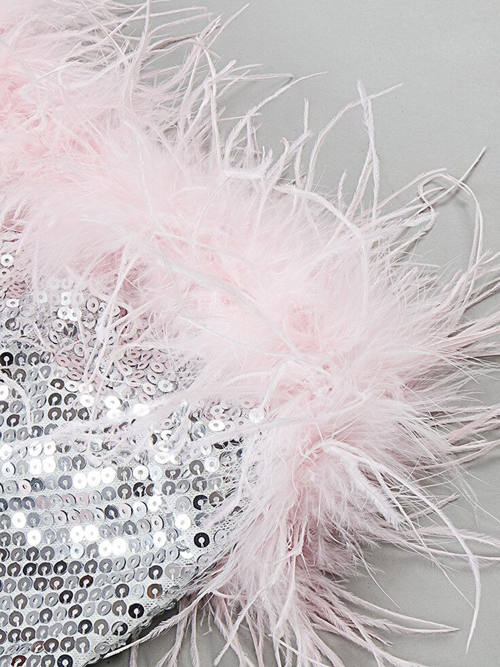 Strapless All Over Sequin Feather Trim Neckline and Hem Mini Dress