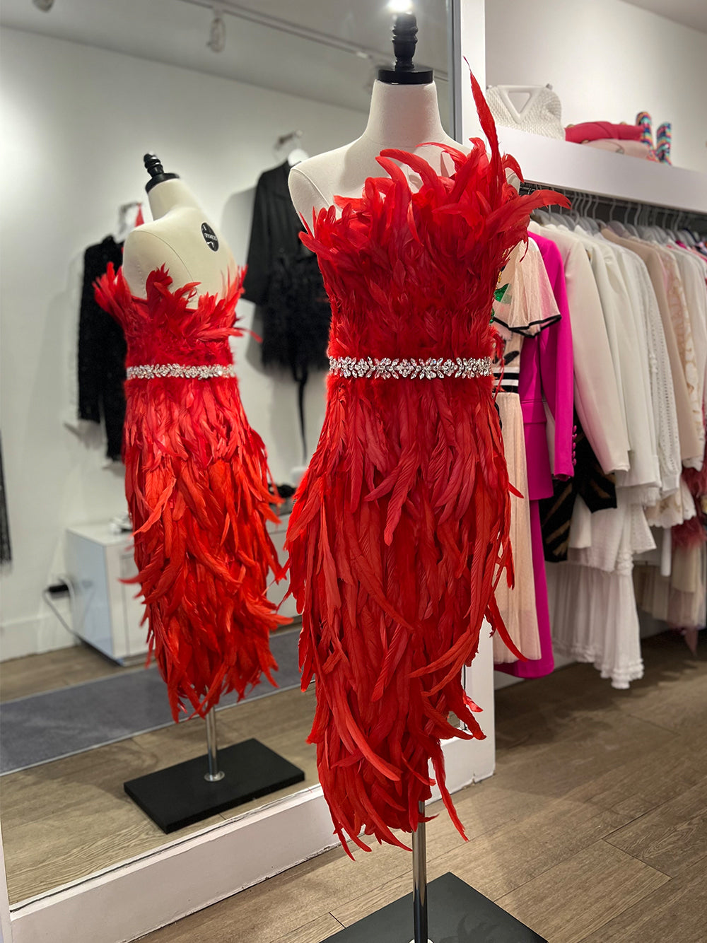 Strapless Asymmetric Feather Trim Mesh Corset Midi Dress