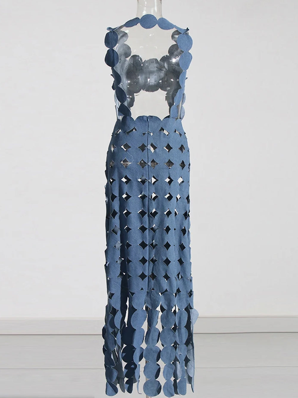 Denim Strapless Applique Fringe Tiered Maxi Dress