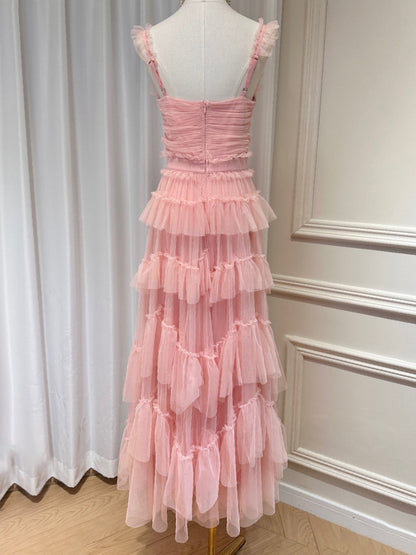Ruffle Strap Tiered Tulle Maxi Gown