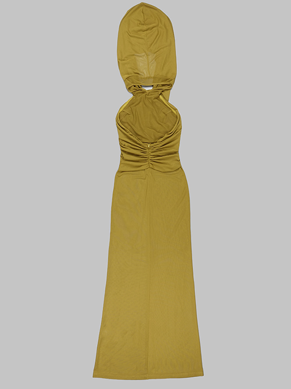 Hooded Cross Front Halter Sheer Mesh Column Maxi Dress
