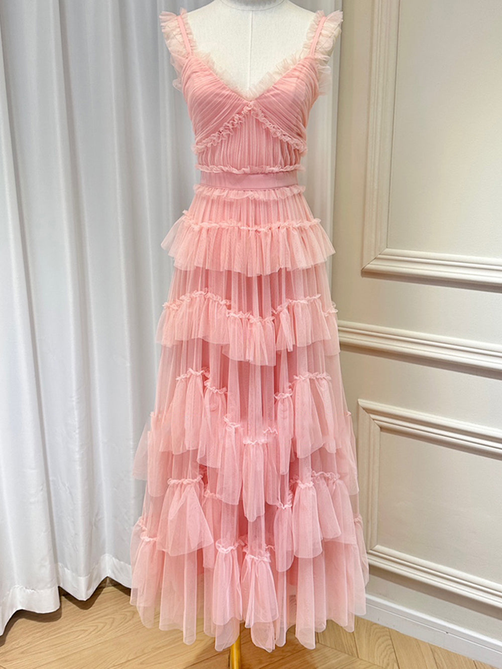 Ruffle Strap Tiered Tulle Maxi Gown