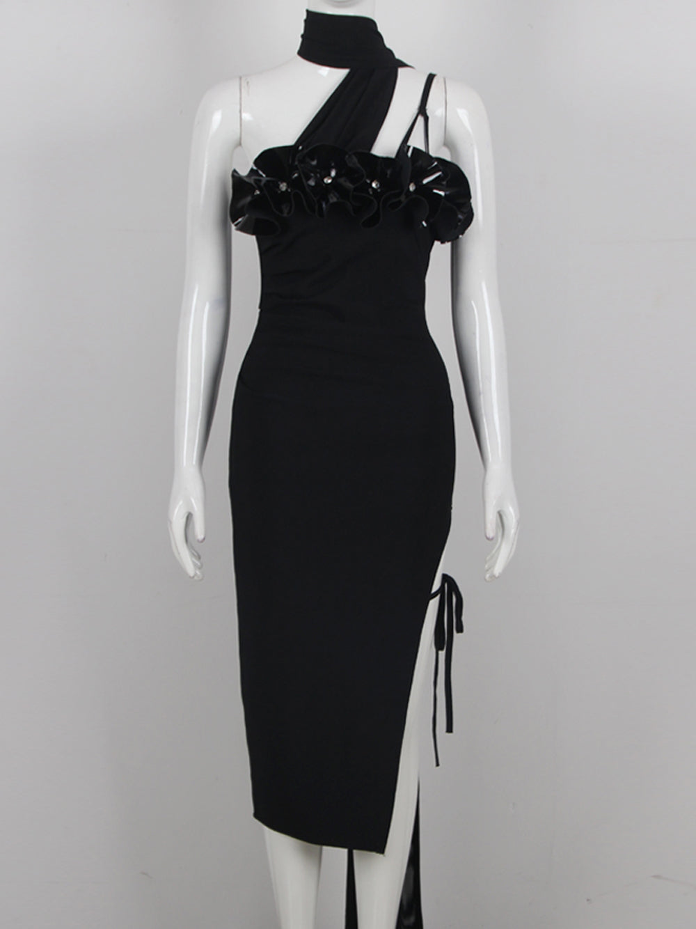 Asymmetric Choker Strap Rhinestone Ruffle Bust Drawstring Slit Trail Midi Dress