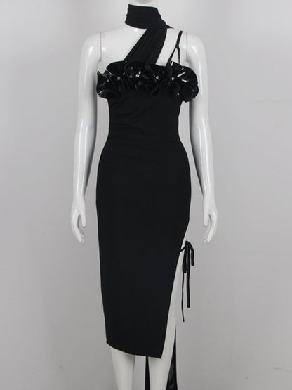 Asymmetric Choker Strap Rhinestone Ruffle Bust Drawstring Slit Trail Midi Dress