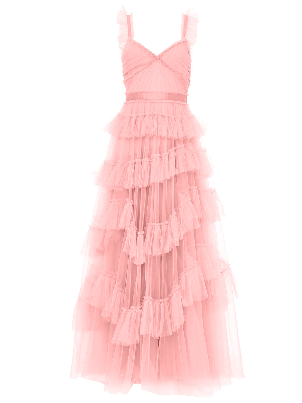 Ruffle Strap Tiered Tulle Maxi Gown