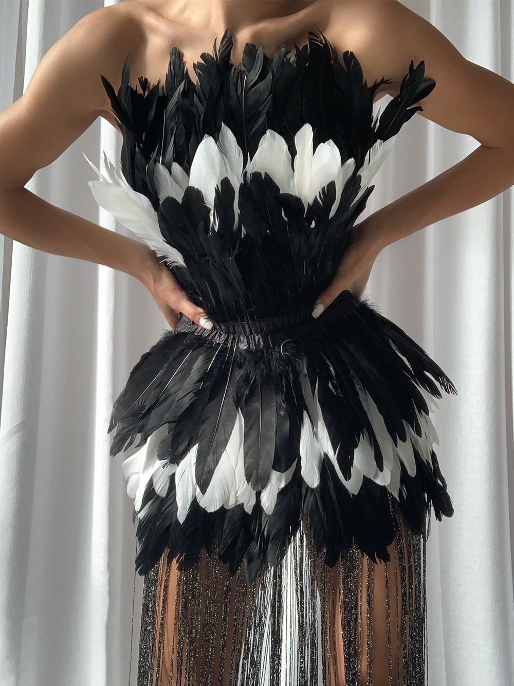 Strapless Layered Feather Mini Skirt Floor Length Fringe Hem Dress