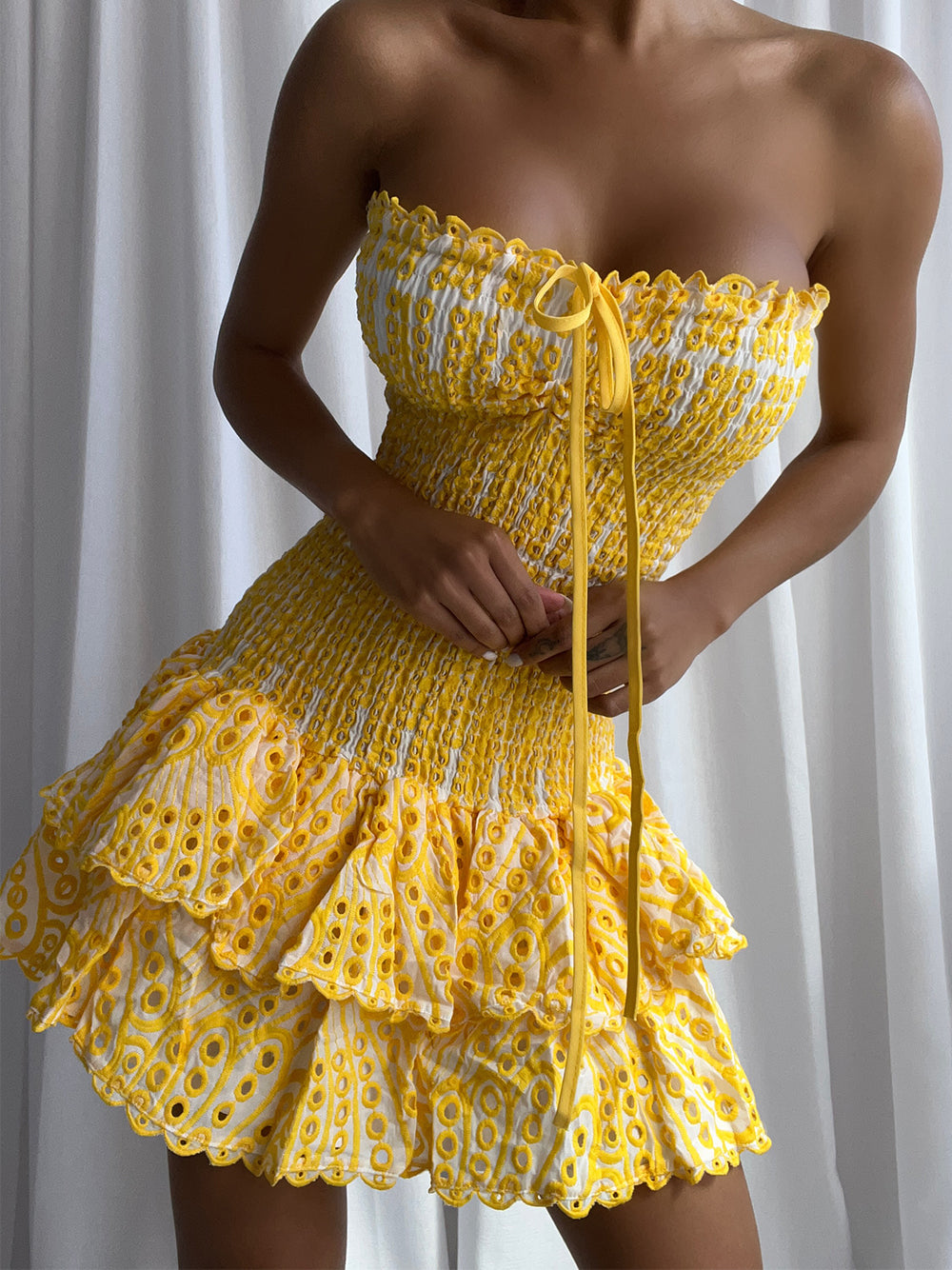 Sweetheart Ruched Bust Tiered Ruffle Mini Dress