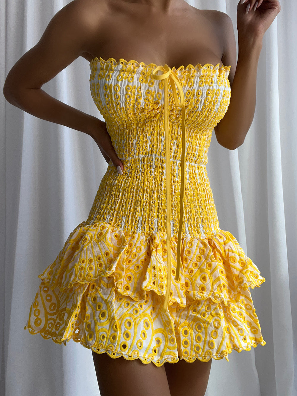 Sweetheart Ruched Bust Tiered Ruffle Mini Dress