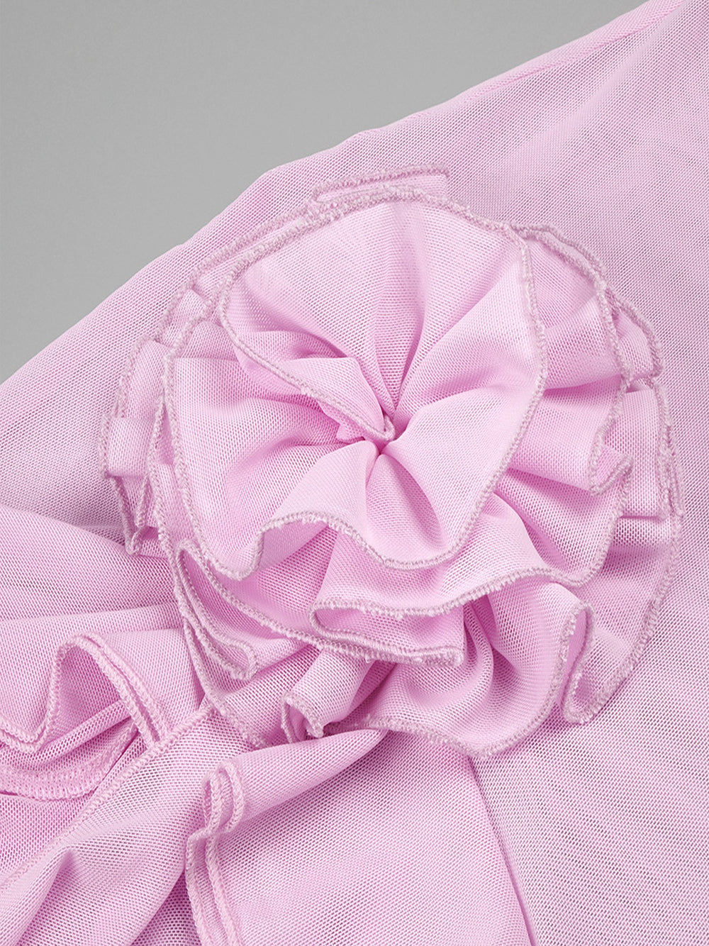 Boat Neck Sheer Mesh 3D Rosette Ruffle Cascade Mini Dress