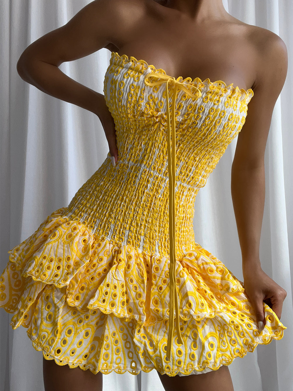 Sweetheart Ruched Bust Tiered Ruffle Mini Dress