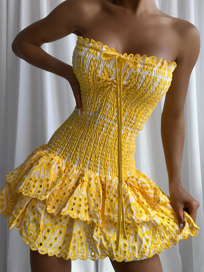 Sweetheart Ruched Bust Tiered Ruffle Mini Dress