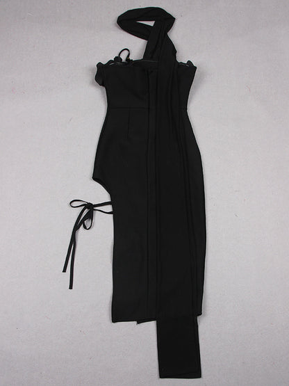 Asymmetric Choker Strap Rhinestone Ruffle Bust Drawstring Slit Trail Midi Dress