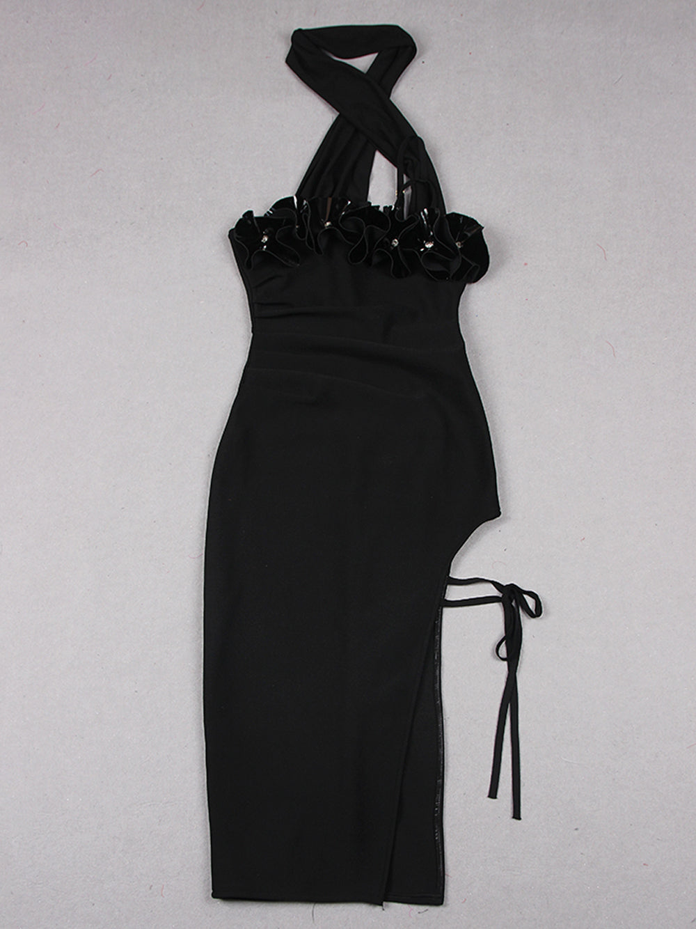Asymmetric Choker Strap Rhinestone Ruffle Bust Drawstring Slit Trail Midi Dress