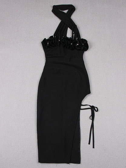 Asymmetric Choker Strap Rhinestone Ruffle Bust Drawstring Slit Trail Midi Dress