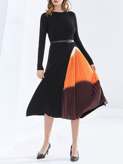 Crew Neck Rib Knit Long Sleeve Belted Ombre Pleated Inset Midi Dress
