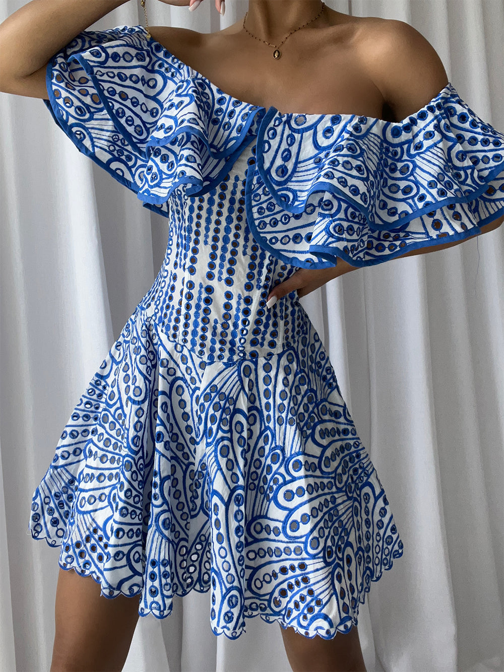 Off Shoulder Ruffle Trim Eyelet Embroidery Corset Fit and Flare Mini Dress