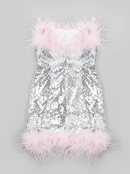 Strapless All Over Sequin Feather Trim Neckline and Hem Mini Dress