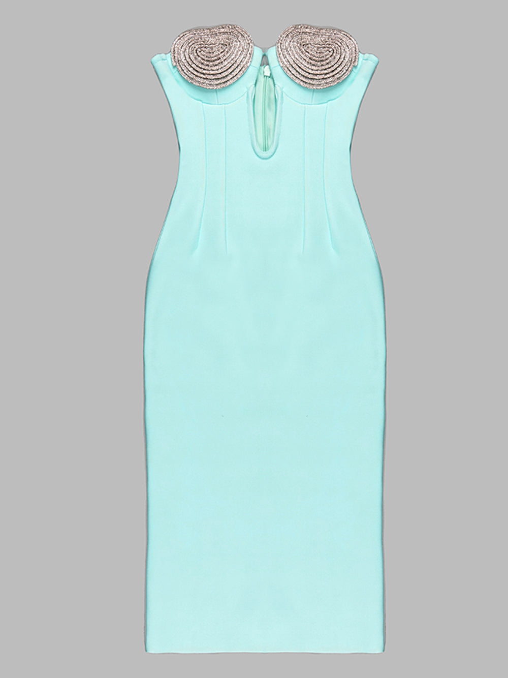 Strapless Spiral Rhinestone Cup Plunging U Neck Bandage Midi Dress
