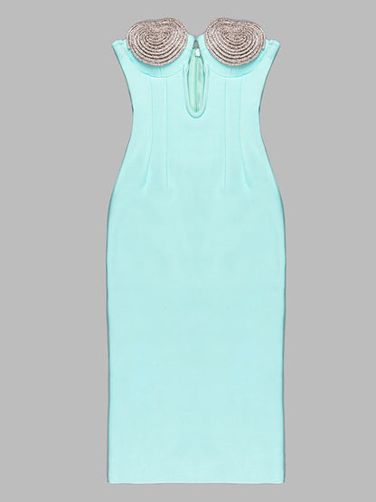 Strapless Spiral Rhinestone Cup Plunging U Neck Bandage Midi Dress