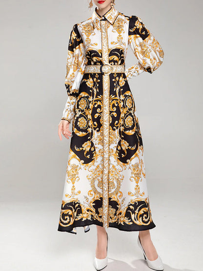 Pointed Collar Puff Sleeve Belted Baroque Print Button Front Maxi Dress