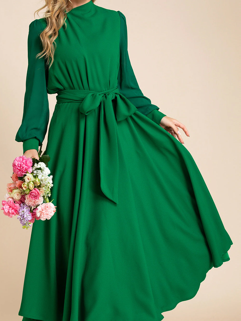 Mock Neck Draped Shoulder Bishop Sleeve Tie Waist Maxi Dress