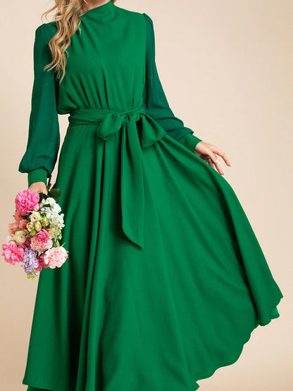 Mock Neck Draped Shoulder Bishop Sleeve Tie Waist Maxi Dress