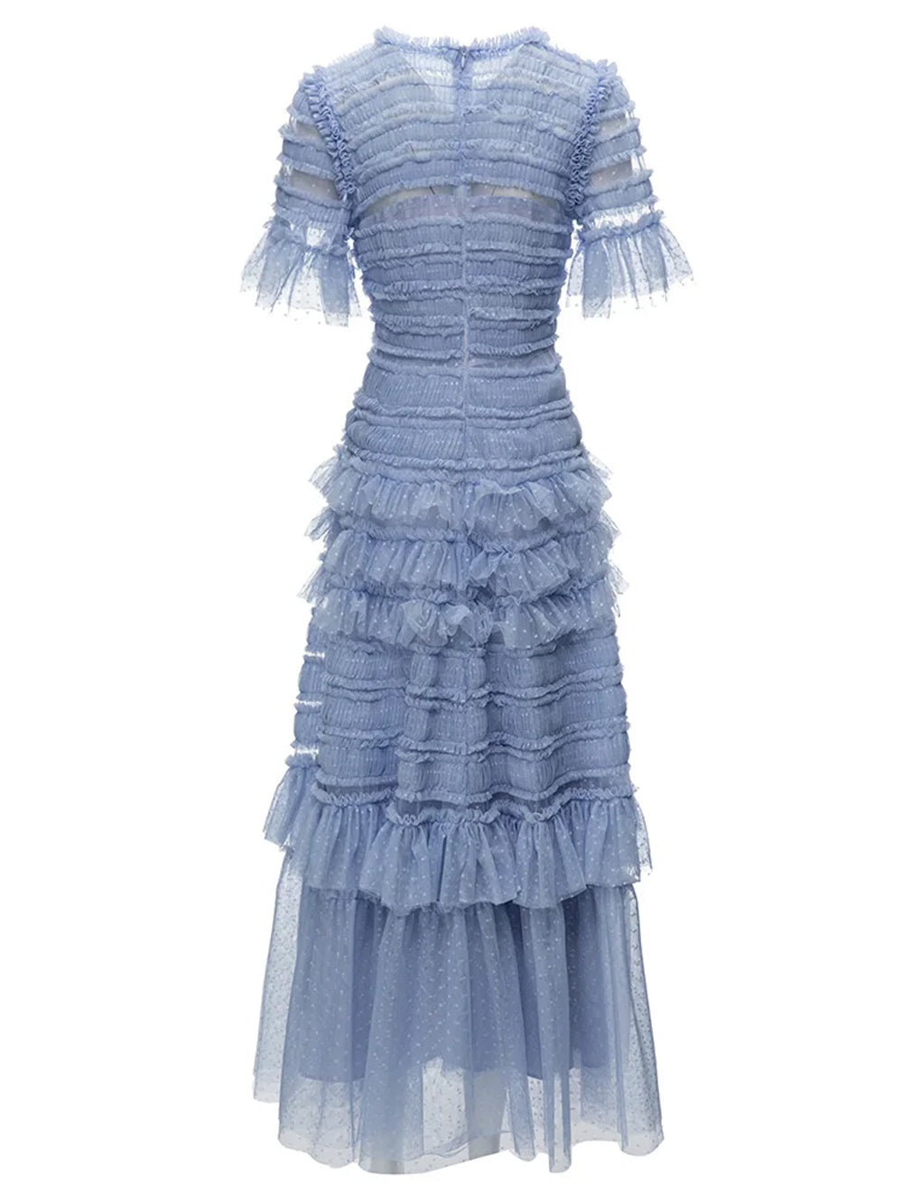 Crew Neck Swiss Dot Tiered Ruffle Short Sleeve Floor Length Gown