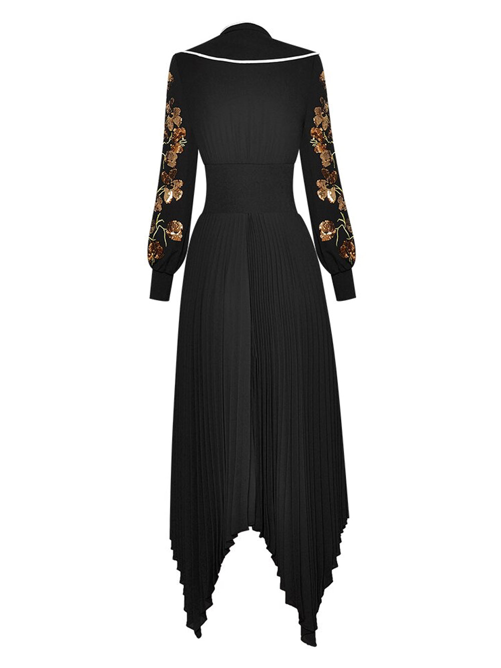 Mandarin Collar Contrast Piping Embroidered Bishop Sleeve Handkerchief Hem Midi Dress