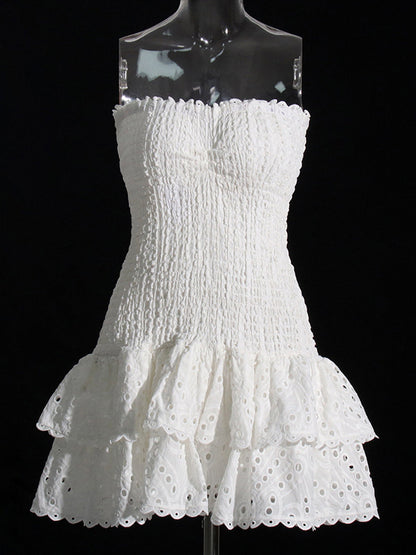 Strapless Smocked Eyelet Embroidery Tiered Ruffle Scallop Hem Mini Dress