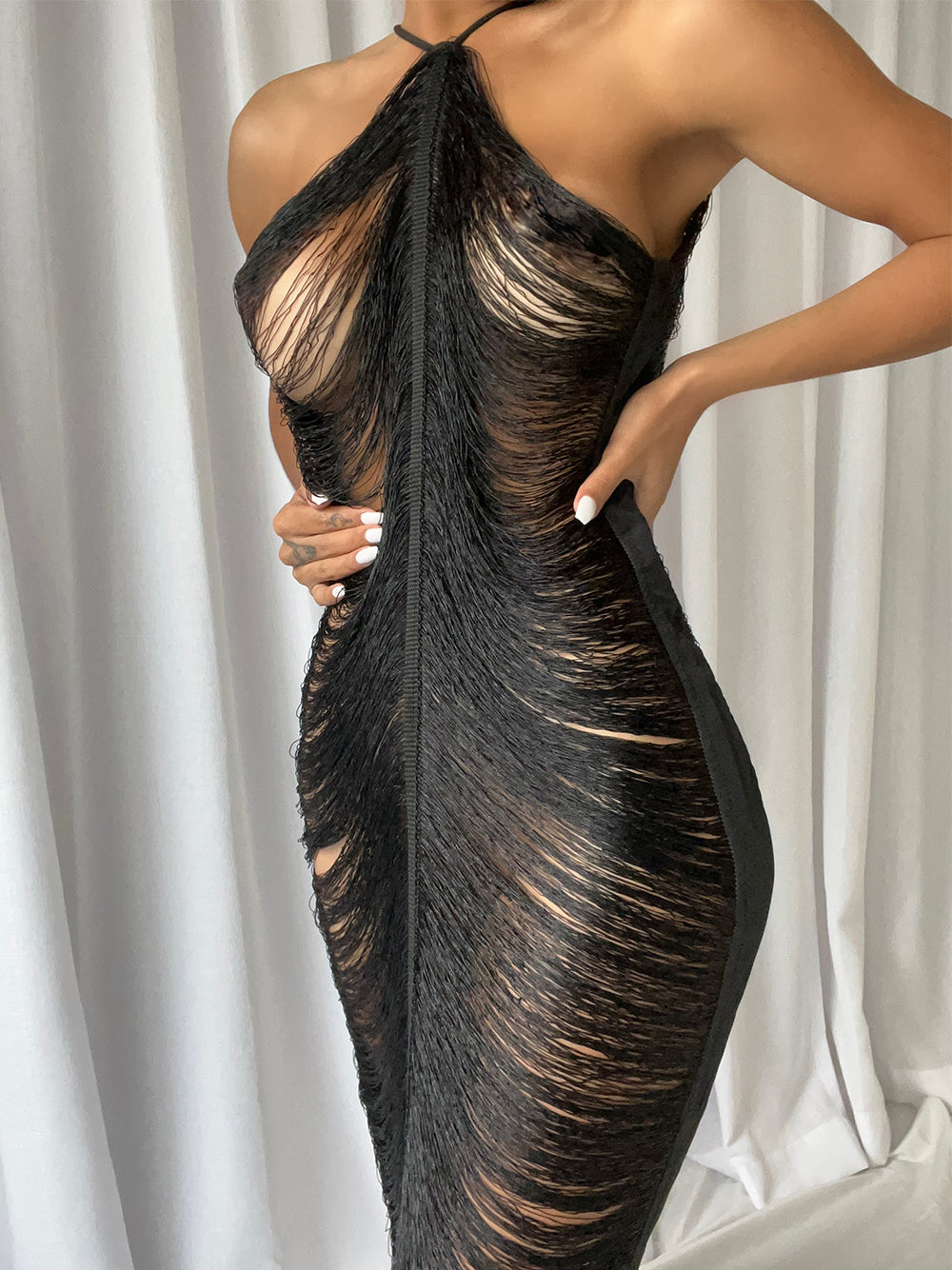 Halter Neck Tassel Fringe Trim High Slit Maxi Dress