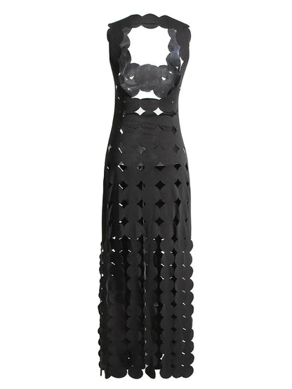 Black Strapless Applique Fringe Tiered Maxi Dress