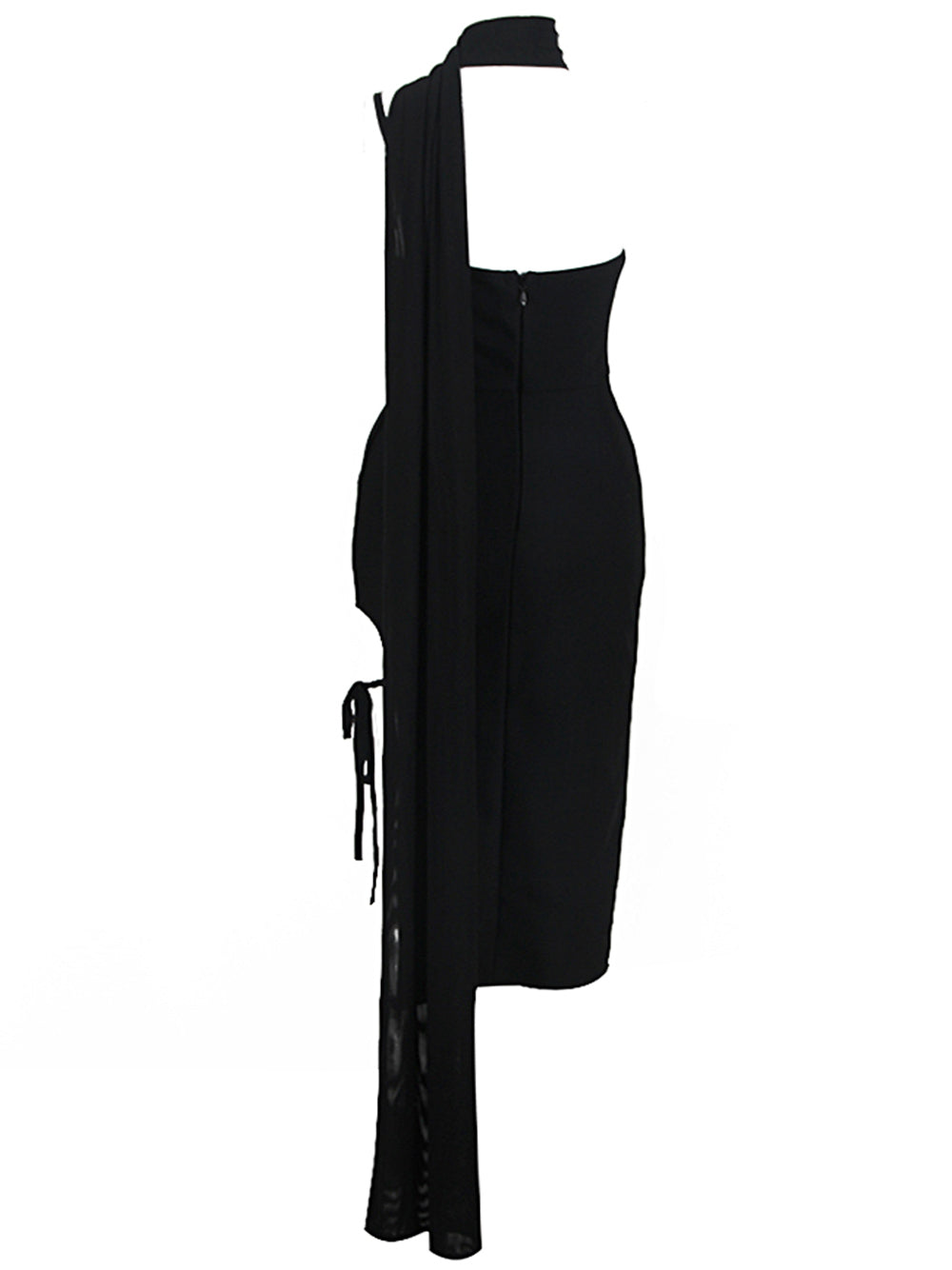 Asymmetric Choker Strap Rhinestone Ruffle Bust Drawstring Slit Trail Midi Dress