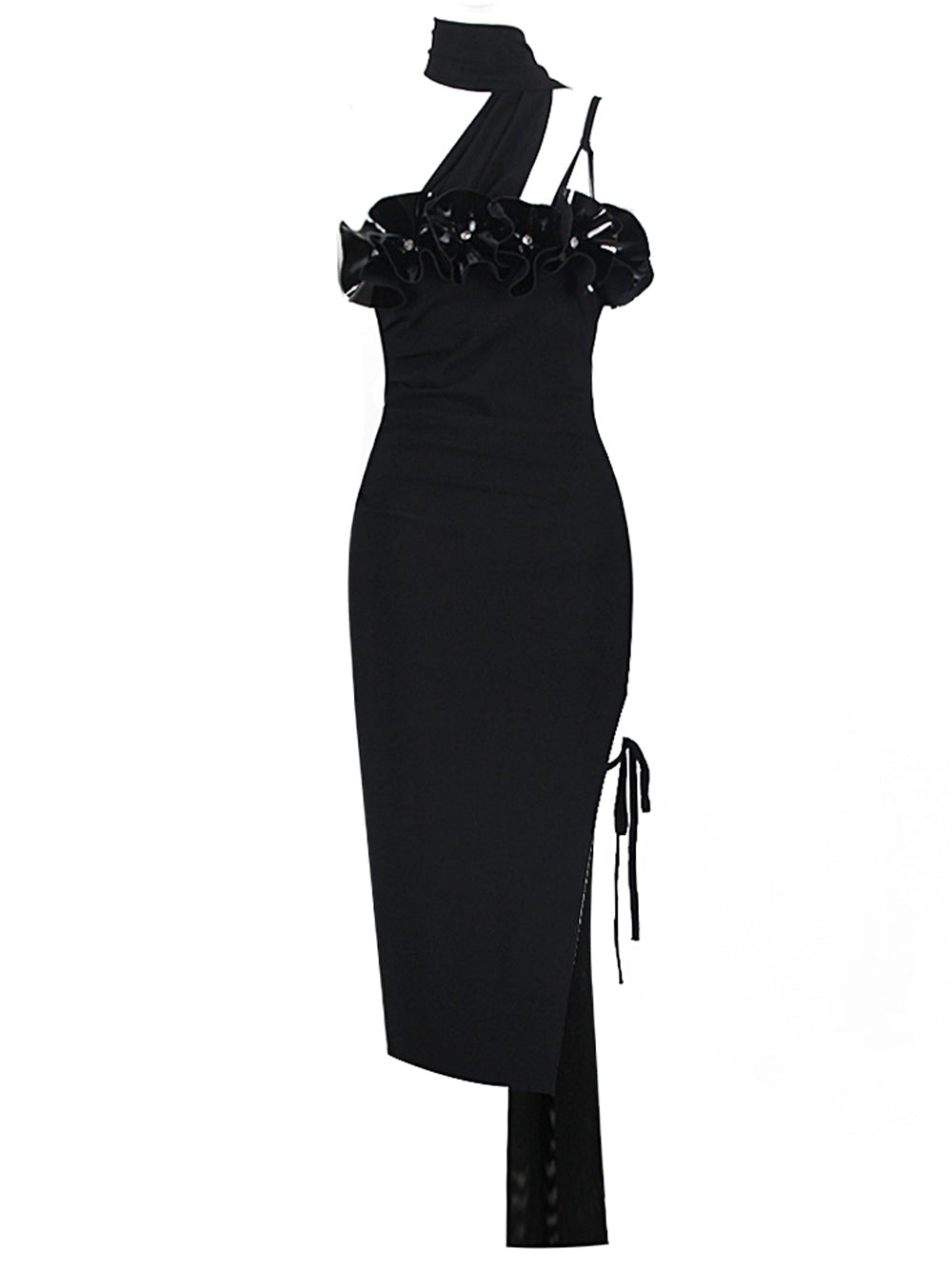 Asymmetric Choker Strap Rhinestone Ruffle Bust Drawstring Slit Trail Midi Dress