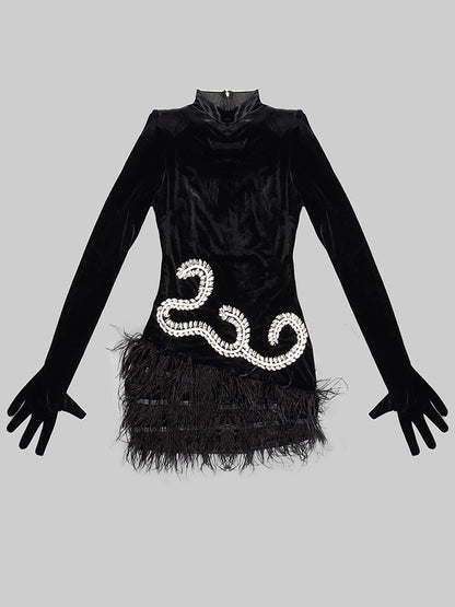 Mock Neck Integrated Glove Sleeve Rhinestone Swirl Feather Hem Mini Dress