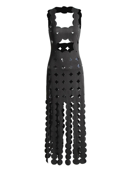 Scalloped Edge Diamond Cutout Bodycon Mini Dress Linked Disc Fringe Panel Maxi Dress
