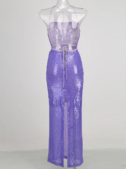One Shoulder Sequin Draped High Slit Maxi Dress 2