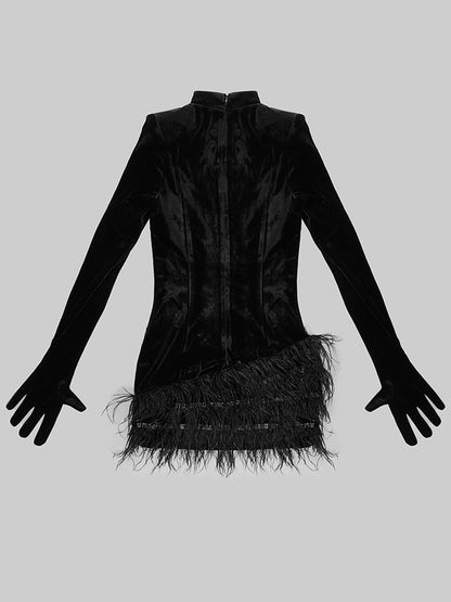 Mock Neck Integrated Glove Sleeve Rhinestone Swirl Feather Hem Mini Dress