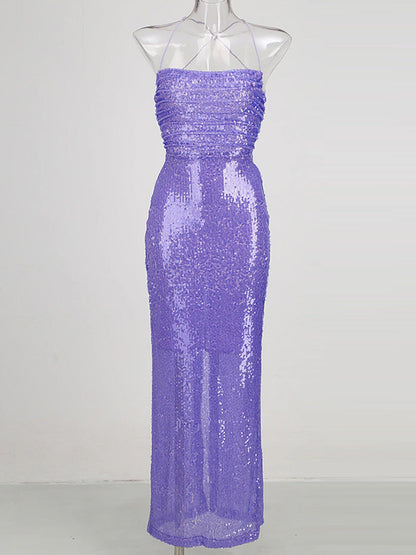 One Shoulder Sequin Draped High Slit Maxi Dress 2