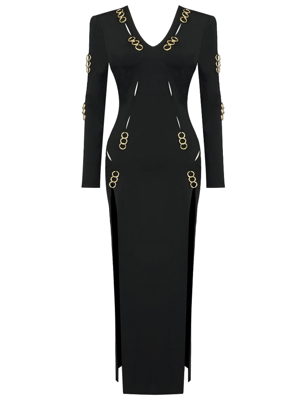 Deep V Neck Padded Shoulder Chain Link Cutout Dual Slit Maxi Gown