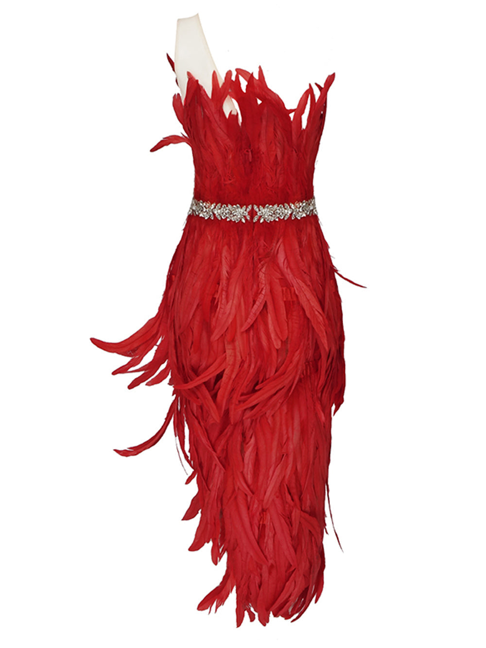 Strapless Asymmetric Feather Trim Mesh Corset Midi Dress