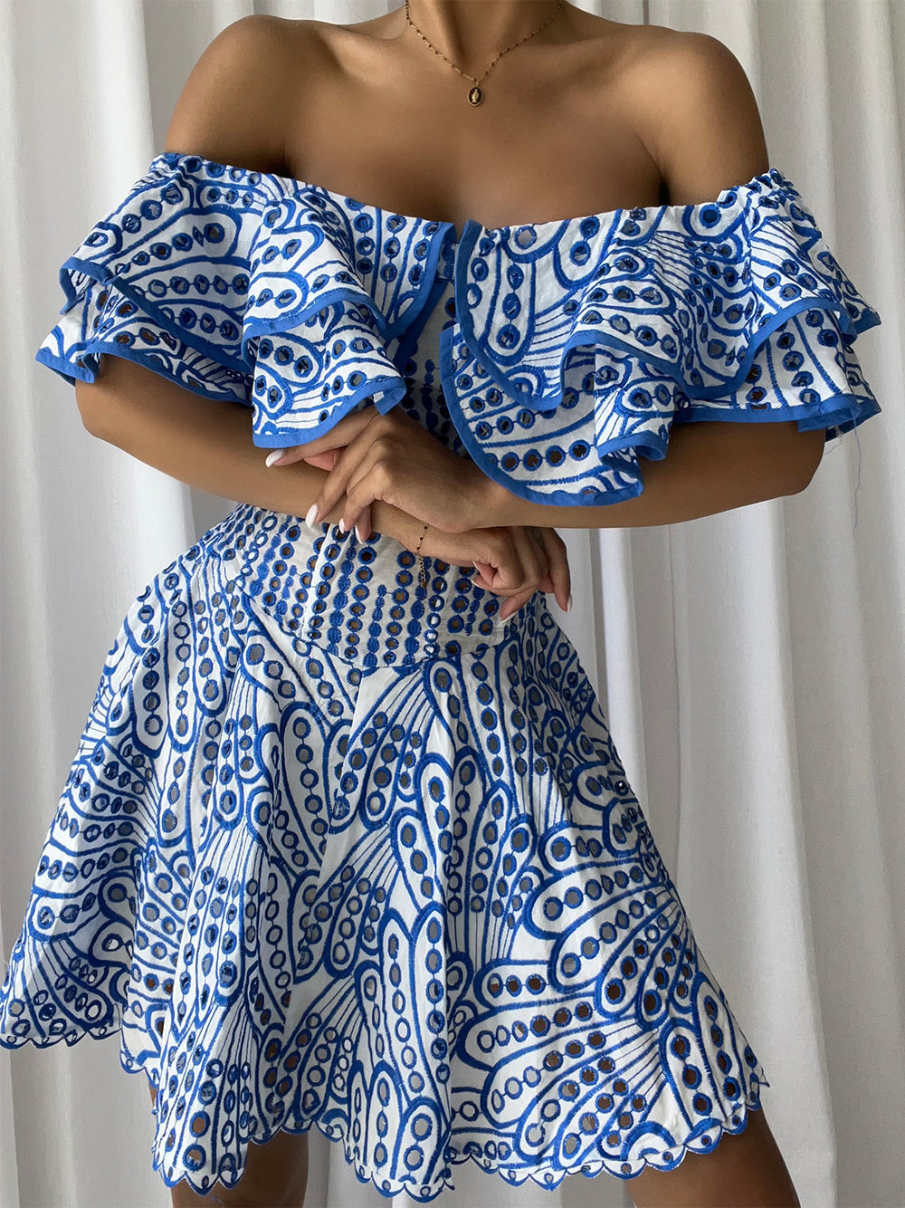 Off Shoulder Ruffle Trim Eyelet Embroidery Corset Fit and Flare Mini Dress