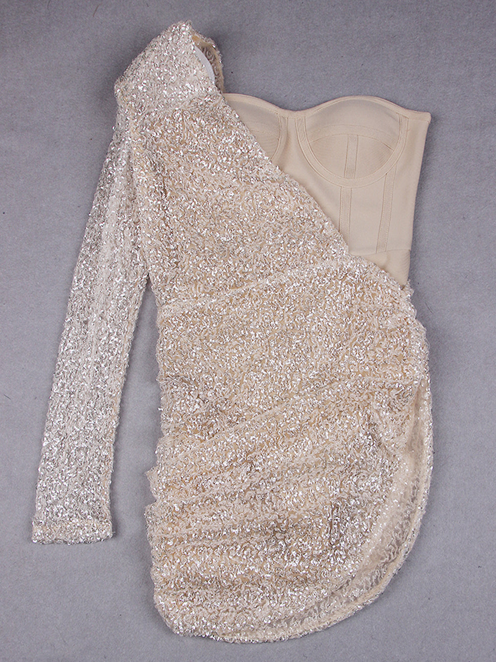 One Shoulder Single Sleeve Sequin Draped Bustier Mini Dress
