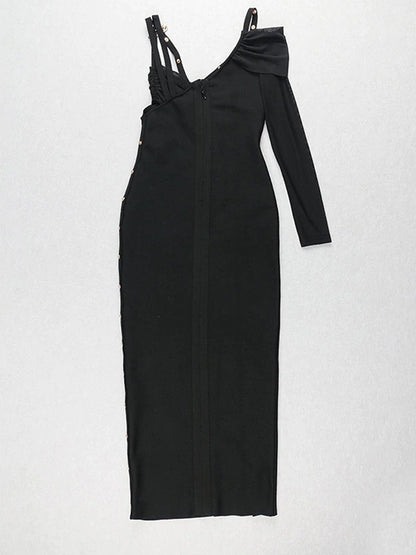 One Shoulder Ruched Cutout Side Slit Satin Maxi Dress 2