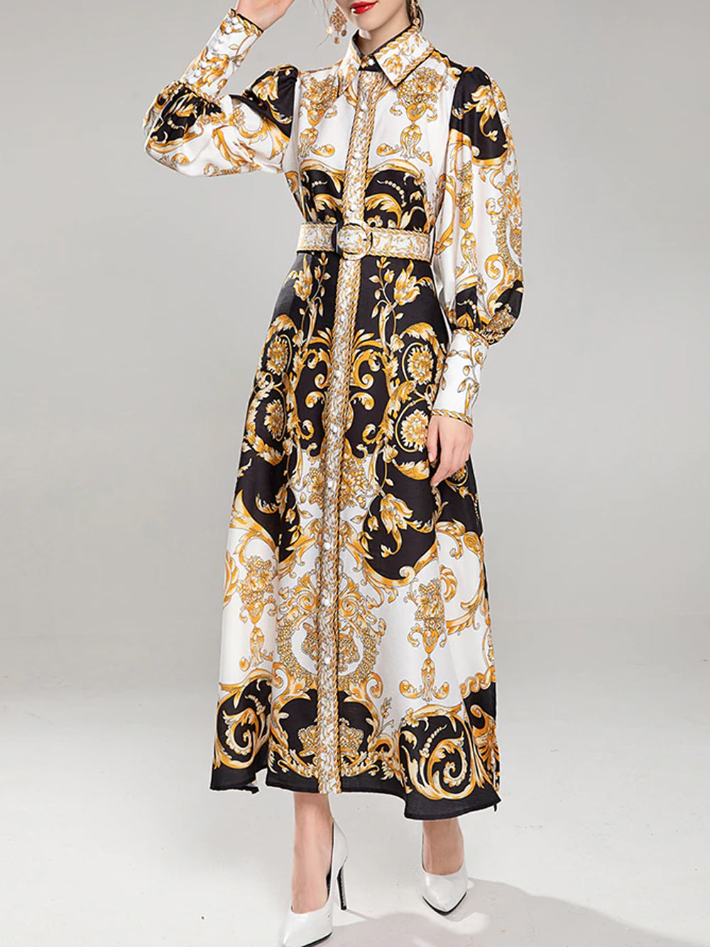 Pointed Collar Puff Sleeve Belted Baroque Print Button Front Maxi Dress