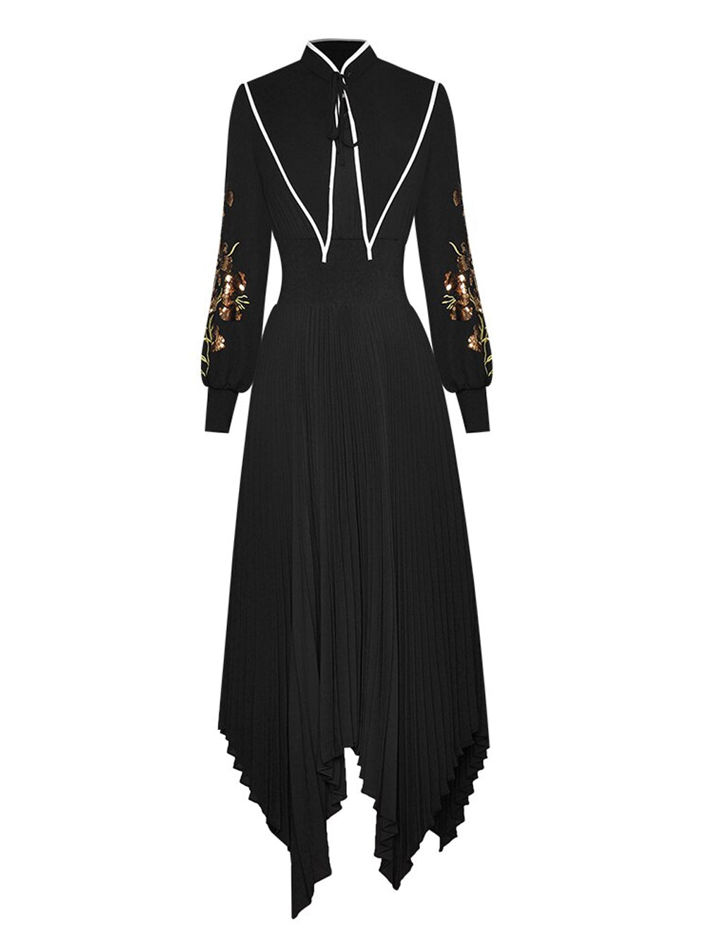 Mandarin Collar Contrast Piping Embroidered Bishop Sleeve Handkerchief Hem Midi Dress
