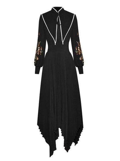 Mandarin Collar Contrast Piping Embroidered Bishop Sleeve Handkerchief Hem Midi Dress